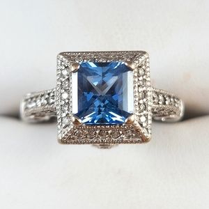 Vintage 2ct Sapphire and Diamond, 14k white gold engagement wedding ring, 7.5